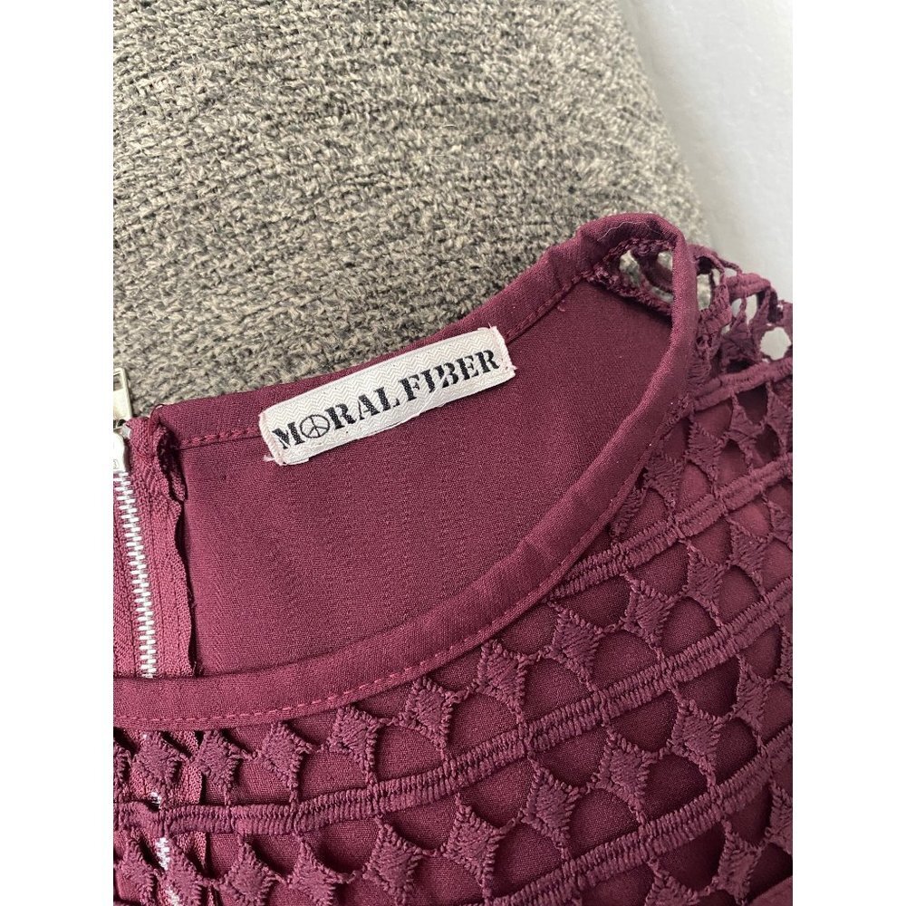 Women's Moral Fiber Burgundy Lace Crochet Zipper Back Blouse - Picture 7 of 8